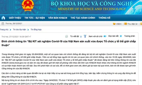 Bộ KH&CN thông tin về việc gỡ bài “KIT xét nghiệm Covid của Việt Á”