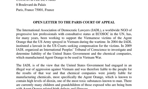 Hội Luật gia Dân chủ Quốc tế gửi thư ngỏ tới Tòa phúc thẩm Paris vụ kiện chất độc da cam của bà Trần Tố Nga