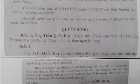 Giám đốc Trung tâm Xúc tiến đầu tư, thương mại và du lịch tỉnh Bình Phước được cho thôi việc