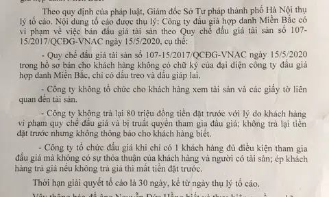 Công ty Đấu giá hợp danh Miền Bắc bị tố vi phạm Luật Đấu giá tài sản: Giám đốc Sở Tư pháp TP Hà Nội thụ lý tố cáo
