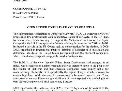 Hội Luật gia Dân chủ Quốc tế gửi thư ngỏ tới Tòa phúc thẩm Paris vụ kiện chất độc da cam của bà Trần Tố Nga