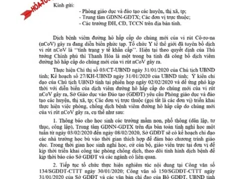 Thanh Hóa: Học sinh, sinh viên nghỉ học 1 tuần để phòng dịch Corona