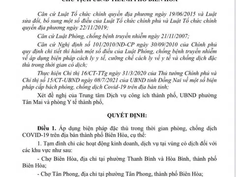 Đồng Nai: Tạm dừng hoạt động 5 chợ ở Biên Hoà để phòng, chống dịch Covid-19