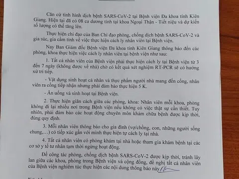 Kiên Giang: Bệnh viện Đa khoa thực hiện cách ly nhân viên y tế