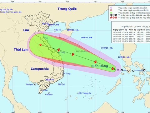 Bão số 5 di chuyển nhanh về các tỉnh miền Trung, liên tục mạnh thêm