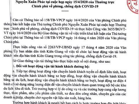 Kiên Giang: Tiếp tục dừng hoạt động vận chuyển hành khách quanh đảo, chỉ cho phép hoạt động vận tải nội tỉnh một ngày một chuyến